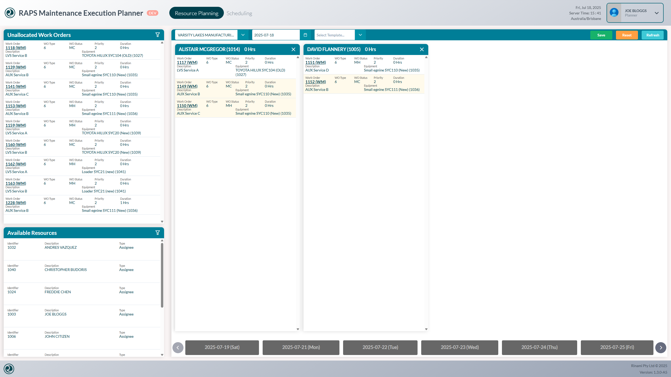 Resource planning view screenshot